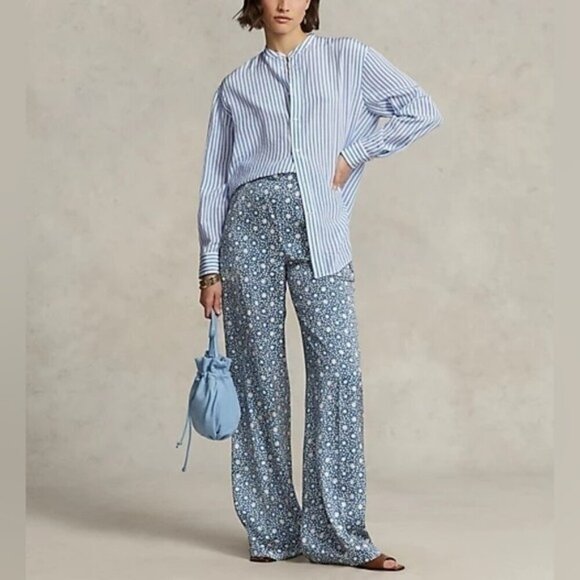 Polo Ralph Lauren High-Rise Satin Wide-Leg‎ Graphic Print Pants Size 8 New
